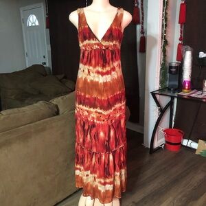 IZ Byer California Orange summer Fall Dress calico Woman Small Stretch Maxi